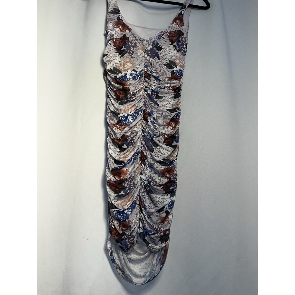 Floral Script Ruched Bodycon Dress - Sleeveless Stretchy Party Medium - Picture 5 of 7